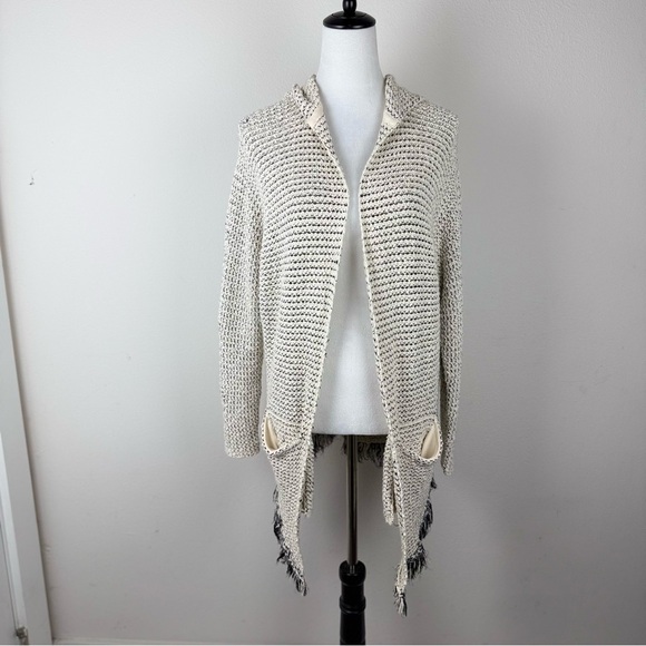 Free People Knit Hooded Fringe Cardigan‎ Sweater Ivory Black – Size M - Picture 4 of 13